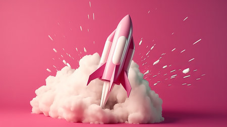 Pink rocket flying in the air. 3D Rendering, 3D illustrationの素材