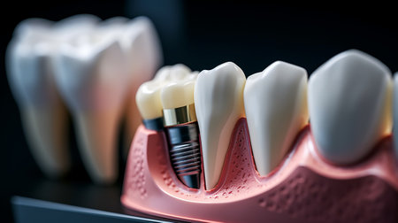 Teeth with crowns. Dental prosthetic dentistry concept.の素材