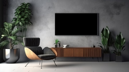 TV on the wall in modern living room.3d rendering.の素材