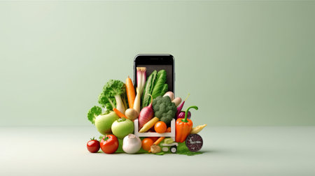 Smartphone with fresh vegetables and fruits on green background. 3d illustrationの素材