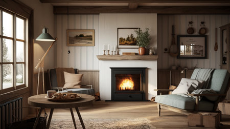 Interior of cozy living room with fireplace and armchair. 3D renderingの素材