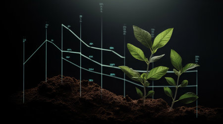 Green plant growing out of soil with financial chart on black background.の素材