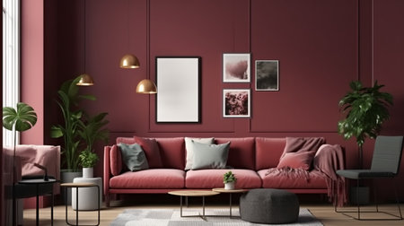 Interior of modern living room with red walls, carpet and sofa 3d renderの素材