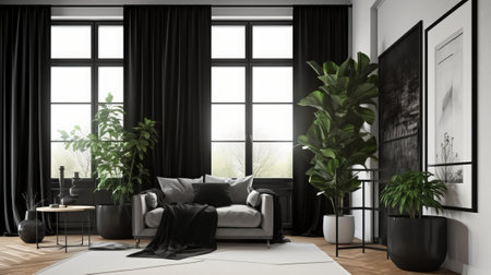 Modern living room interior design with black sofa and plants. 3D Renderingの素材