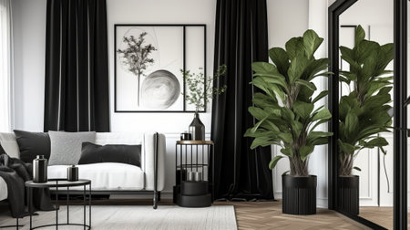 Modern living room interior design with black sofa and plant, 3d renderの素材