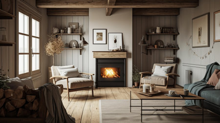 Cozy living room interior with fireplace, armchair and sofa. 3d renderの素材