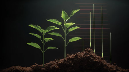 3d illustration of green seedling growing in soil over dark backgroundの素材
