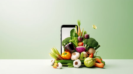smartphone with fresh vegetables and fruits on white table against green backgroundの素材