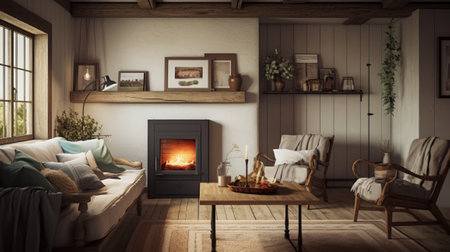 3d rendering of a cozy modern living room with a fireplace.の素材
