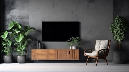 Interior of modern living room with sofa and tv 3d renderの素材