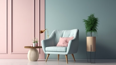 interior with blue armchair and lamp, 3d render illustrationの素材