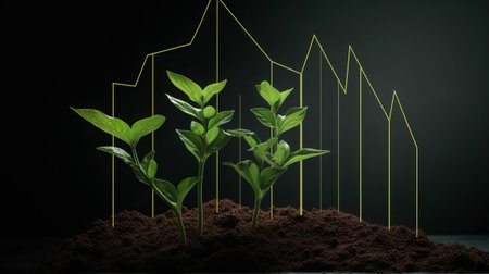 3d illustration of growing plant in soil with graph on dark backgroundの素材