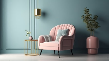interior with pink armchair on blue wall background, 3d renderの素材