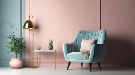 interior with blue armchair and pink wall, 3d renderの素材