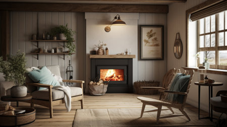 Cozy living room interior with fireplace and armchair. 3d renderの素材