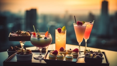 Alcoholic cocktails on the table in a restaurant with a view of the cityの素材