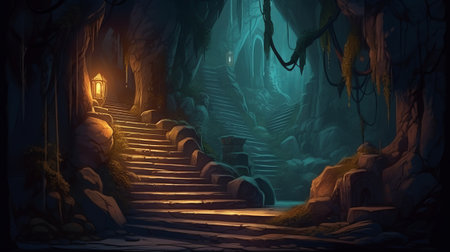 Mysterious dark cave with stone stairs and lights. 3D renderingの素材