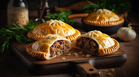 Traditional georgian pie with meat on a wooden background. Selective focus.の素材
