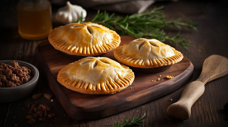 Baked meat pies on a wooden board. Rustic style.の素材