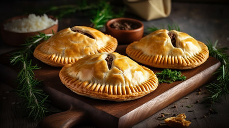 Baked pastry with meat and vegetables on a dark background. Selective focus.の素材