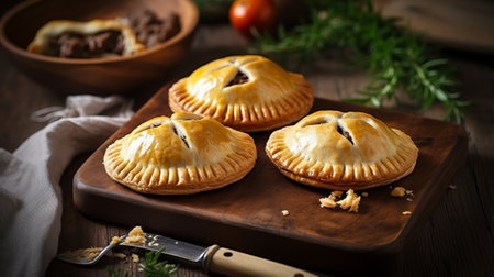 Homemade meat pies with meat on a wooden background. Selective focus.の素材