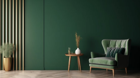 Green interior with armchair and coffee table. 3d render illustrationの素材