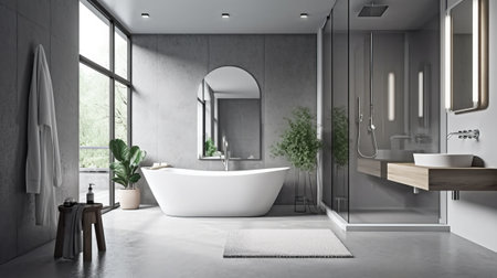Interior of modern bathroom with gray walls, concrete floor, comfortable white bathtub and round mirror. 3d renderingの素材
