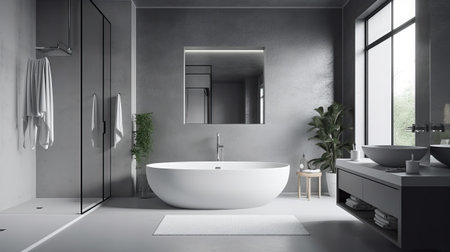 Modern bathroom interior with gray walls, concrete floor, comfortable white bathtub and mirror. 3d renderingの素材