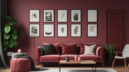 Living room interior with red sofa, armchair and plants - 3d renderingの素材