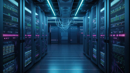Server room data center. Data center. Backup, mining, hosting, mainframe, farm and computer rack with storage information. 3d renderの素材