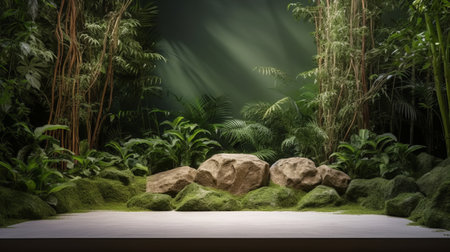 3D render of a green tropical jungle with rocks and plants.の素材