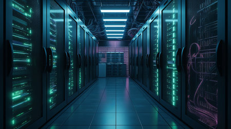 Server room data center hallway. Datacenter hardware cluster. 3D renderingの素材