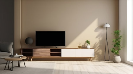 TV on cabinet in modern living room. 3d render illustration.の素材