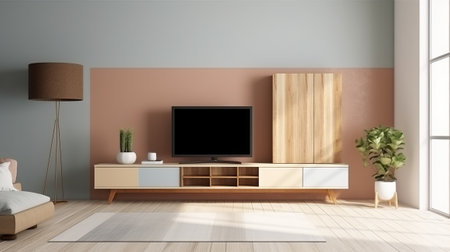 TV in modern living room with wooden wall and wood floor - 3d renderingの素材