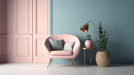 interior with pink armchair and lamp, 3d render illustrationの素材