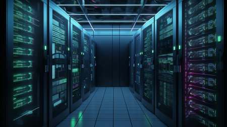 Server room data center. Backup, mining, hosting, mainframe, farm and computer rack with storage information. 3d renderの素材