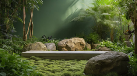 3D rendering of a green tropical garden with plants and rocks.の素材
