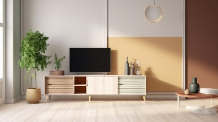 TV cabinet in modern living room with brown wall - 3d renderingの素材