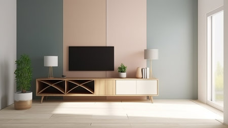 TV on cabinet in modern living room. 3d render illustration.の素材