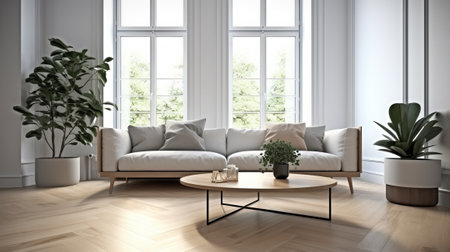 Modern bright interiors 3D rendering illustration computer generated image of living roomの素材