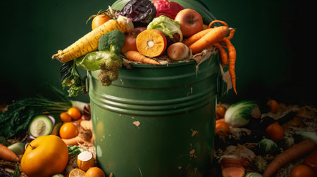 Vegetables and fruits in a metal trash can. Dark background.の素材
