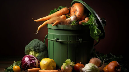 Composition with green bucket full of fresh organic vegetables on wooden tableの素材