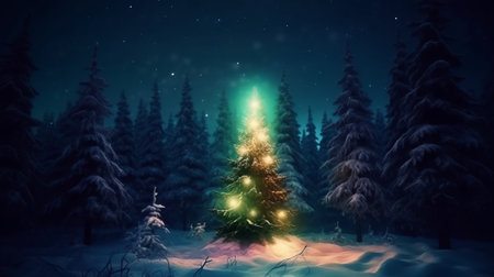 Fir tree in snowy forest at night. Christmas and New Year backgroundの素材