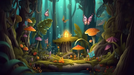 Fantasy forest with magic elfs and mushrooms. 3d illustrationの素材