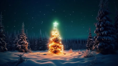 Christmas tree in the forest. 3d rendering. Computer digital drawing.の素材