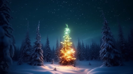 Fantastic Christmas tree in the snowy forest. 3d renderingの素材