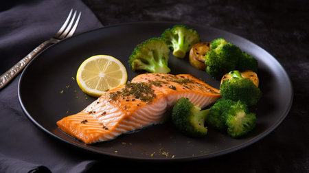 Salmon fillet with broccoli and lemon on a black plate.の素材