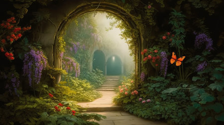 Beautiful fantasy garden with blooming flowers and a path leading to the doorの素材