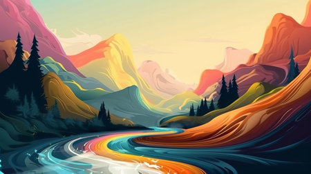 Beautiful landscape with mountains and river at sunset. Vector illustration.の素材