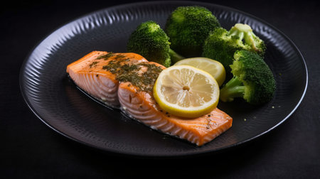 Salmon fillet with broccoli and lemon on black plate on black backgroundの素材